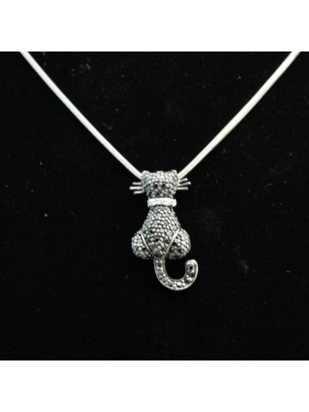 Vintage Sterling Silver 925 CZ Black Cat Pendant Necklace Made In Italy 18"